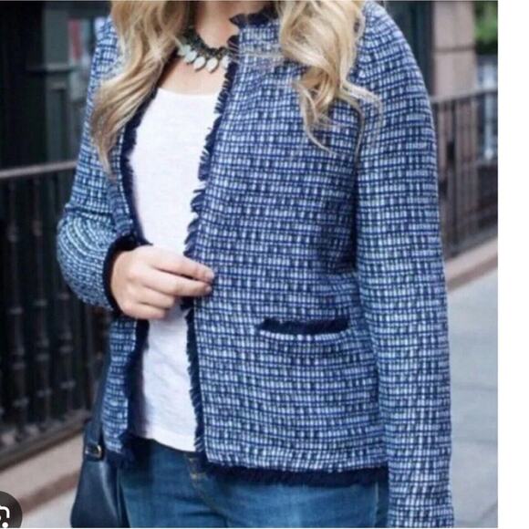 J Crew Knit Tweed Cardigan Blazer Jacket Sz S Lined Fringe Detail Hook Eye Close - Picture 2 of 15